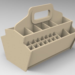 Pode incluir: Um organizador de madeira bege com uma alça e vários compartimentos. O organizador tem um total de 24 compartimentos, com 12 compartimentos maiores na parte superior e 12 compartimentos menores na parte inferior.