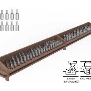May include: A wooden wall-mounted organizer with two rows of slots for holding screwdriver bits. The organizer is made of brown wood and has a natural finish. The slots are arranged in a staggered pattern. The organizer is labeled "Laser Engraving" and "CNC Milling".