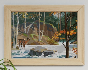 DOWNLOAD! Paint by Numbers of a deer standing in a river with birch trees *FINISHED* | flat + vector | 20" x 16"