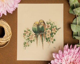 DOWNLOAD! Vintage watercolor of two love birds | 8" x 10", 8" x 8", 7" x 5"