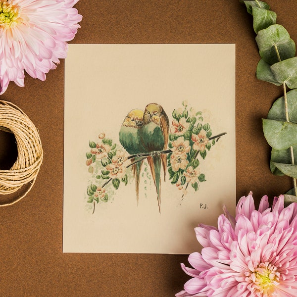 DOWNLOAD! Vintage watercolor of two love birds | 8" x 10", 8" x 8", 7" x 5"