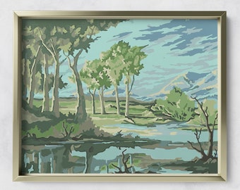 DOWNLOAD! Paint by Numbers of early dawn with trees and small lake *FINISHED* | flat | 20" x 16"