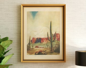 DOWNLOAD! Vintage desert landscape with cacti and mountains 12" x 16"