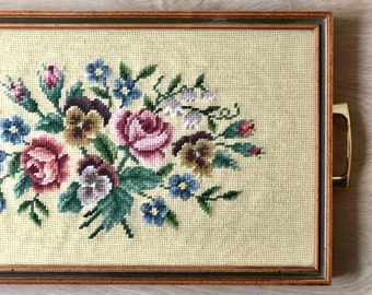 Vintage Needlepoint Serving Tray with wooden frame and handles.