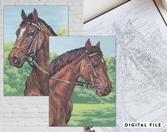 DOWNLOAD! Vintage Paint by Number Kit of pair of horse portraits | Outlined art with numbers in a PDF booklet and two jpegs | *PRINTABLE*