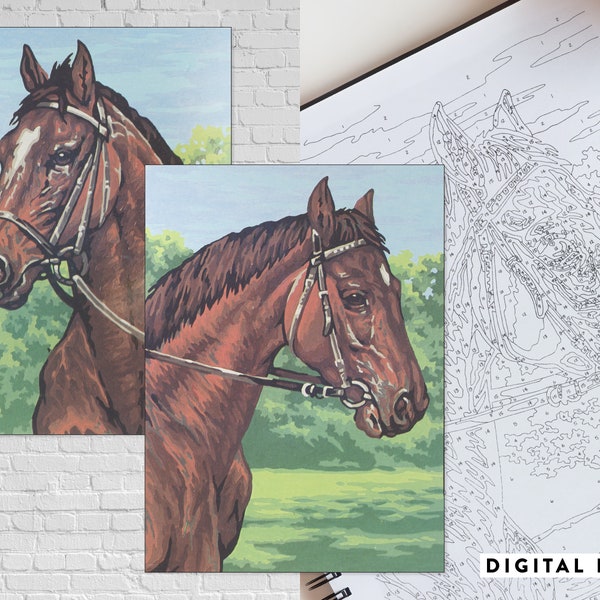 DOWNLOAD! Vintage Paint by Number Kit of pair of horse portraits | Outlined art with numbers in a PDF booklet and two jpegs | *PRINTABLE*