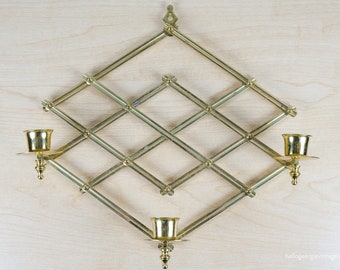 Vintage brass accordion sconce, holds 3 candles | Overall this piece when open measures 11”W x 13”H