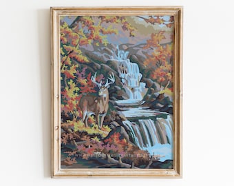 DOWNLOAD! Paint by Number of a colorful deer standing near a waterfall in the fall | *FINISHED* | flat + vector | 24"x18" "20x16" "10x9"