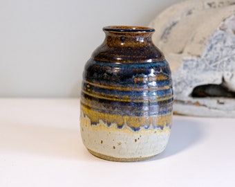 Vintage studio pottery stoneware small squat vase with drip glaze | 5.25" tall by 3.5" wide