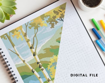 DOWNLOAD! Color by Numbers birch trees near a lake coloring page for adults *PRINTABLE*