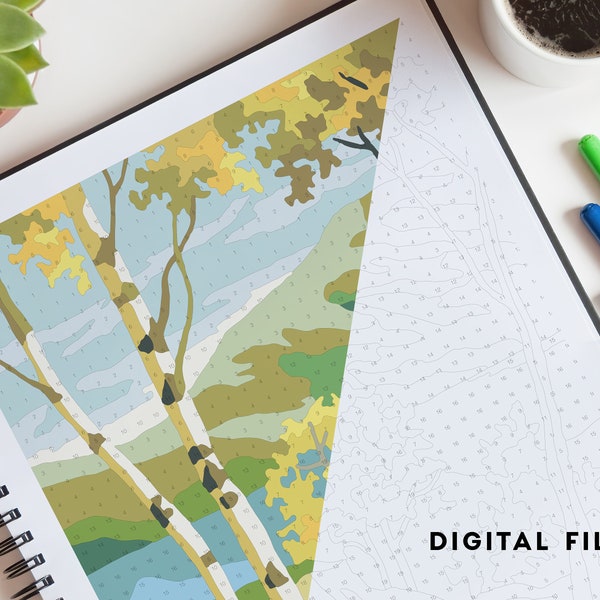 DOWNLOAD! Color by Numbers birch trees near a lake coloring page for adults *PRINTABLE*