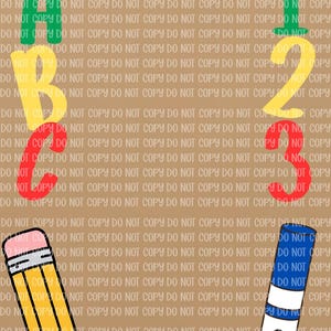 Op de afbeelding: Een verticaal bord met een kleurrijke vlaggenlijn bovenaan, de tekst FIRST DAY OF SCHOOL in het zwart, de letters ABC en cijfers 123 in regenboogkleuren, en illustraties van een geel potlood, blauwe stift, groene schaar en een flesje lijm.