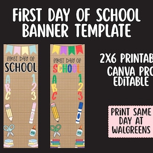 Op de afbeelding: Een 2x6 printbare sjabloon voor een eerste schooldag-banner met twee verticale ontwerpen op een bruine rasterachtergrond. Elke banner bevat kleurrijke wimpels, illustraties van schoolspullen zoals potloden, stiften, scharen, lijm en boeken, plus ABC en 123 tekst.