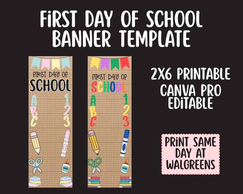 Op de afbeelding: Een 2x6 printbare sjabloon voor een eerste schooldag-banner met twee verticale ontwerpen op een bruine rasterachtergrond. Elke banner bevat kleurrijke wimpels, illustraties van schoolspullen zoals potloden, stiften, scharen, lijm en boeken, plus ABC en 123 tekst.