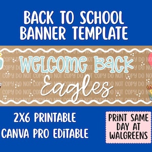 Op de afbeelding: Een 2x6 printbare bannertemplate met een bruine achtergrond en een witte geschulpte rand. De tekst luidt BACK TO SCHOOL BANNER TEMPLATE, WELCOME BACK Eagles, 2X6 PRINTABLE CANVA PRO EDITABLE en PRINT SAME DAY AT WALGREENS met schooliconen.