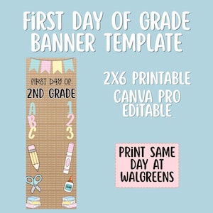 Op de afbeelding: Een 2x6 printbare bannertemplate met een bruine achtergrond met de tekst First Day of 2nd Grade, kleurrijke vlaggetjes, de letters A B C, de cijfers 1 2 3 en illustraties van een potlood, stift, schaar, lijm en boeken. Canva Pro Editable.