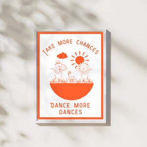 Retro Dancing Flowers Wall Print, Vintage Illustration, Trendy Posters, Cute Prints, Positive Poster Orange Digital Print