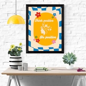 Retro Think Positive Wall Print, Vintage Illustration, Trendy Posters, Cute Prints, Positive Poster Digital Print