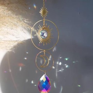 Colorful Celestial Gold Sun Moon Suncatcher  | Hanging Sun Catcher for Windows, Home, Garden Decor | Gift Idea