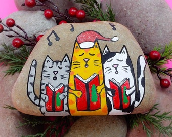 Downloadable Caroling Cats Painted Rock Tutorial