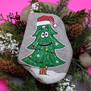 Downloadable Happy Christmas Tree Painted Rock Tutorial