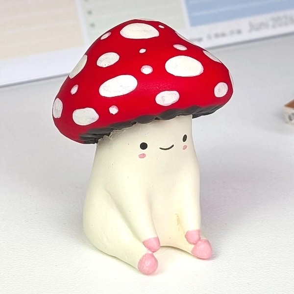 Hand-Painted Plaster Mushroom Figure: Eco-Friendly Cottagecore Decor