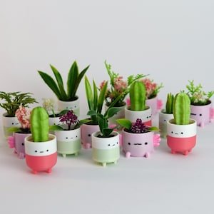 Puede incluir: Una colección de pequeñas macetas coloridas con forma de ajolotes, cada una con una planta artificial diferente. Las macetas presentan rostros pintados simples con dos puntos para los ojos y una línea para la boca, en tonos rosa, blanco y verde claro.