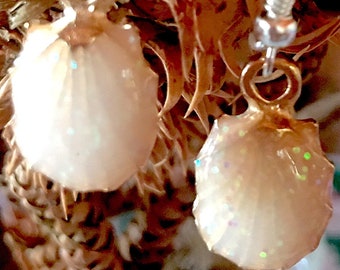 Australian white ocean shell silver drop earrings for her, enamel bug sea shells suit elegant formal or casual wear, sparkle and shine