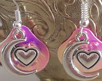 Love you to the moon & back earrings with pink shimmers behind, light and pretty, unique, handmade, with a special message of love to enjoy