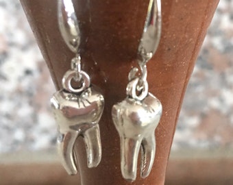 Tooth fairy gift! Unique silver trophy earrings, novelty Xmas jewelry, great for dental practice, dental rewards, conversation starters!