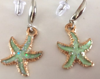 Colourful starfish gold enamel glitter earrings, silver dangle French hooks, light pretty ocean jewelry, gift for her, casual or formal wear