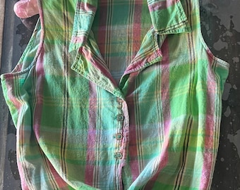 1990s vintage retro tie front tartan cotton blouse, pretty casual beach girl mid riff baring top