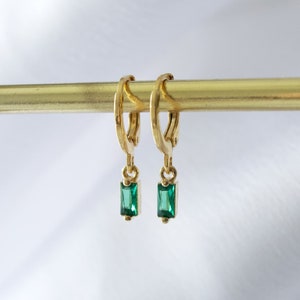 Tiny Green Rectangle Hoop Earrings, Gold Plated Brass Huggie Hoops, Dainty Emerald Green Colour Ear Jewellery
