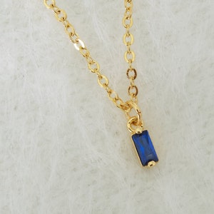 Tiny Blue Rectangle Necklace, Gold Plated Brass Necklace, Navy/Cobalt Blue Cubic Zirconia CZ Jewellery, Dainty Minimalist Necklace