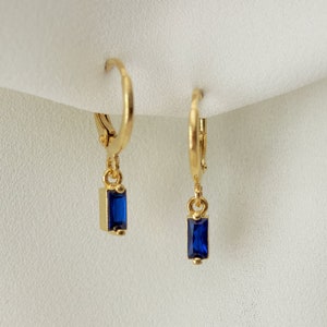 Tiny Blue Rectangle Hoop Earrings, Gold Plated Brass Huggie Hoops, Cobalt/Navy Blue Baguette Drop Dangle Earrings, Minimalist Jewellery