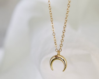 Crescent Moon Necklace, Gold Plated Brass Necklace, Boho Style Horn Layering Necklace, Dainty Gift Idea Jewellery, Double Horn Necklace