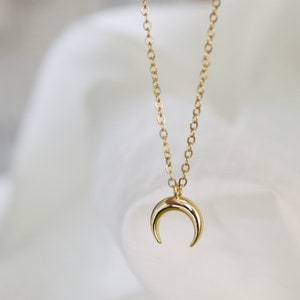 Crescent Moon Necklace, Gold Plated Brass Necklace, Boho Style Horn Layering Necklace, Dainty Gift Idea Jewellery, Double Horn Necklace