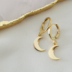 Crescent Moon Hoop Earrings, Gold Plated Brass Stack Huggie Hoops, Half Moon Drop Dangle Earrings