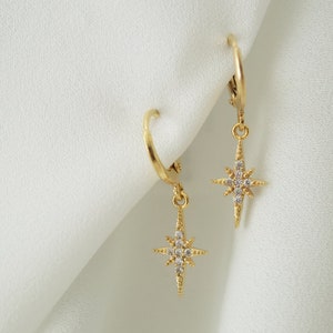 Tiny Northstar Hoop Earrings, Gold Plated Brass Drop Dangle Star Earrings, Clear CZ Cubic Zirconia Dainty Hoops, Gift Idea For Her Jewellery