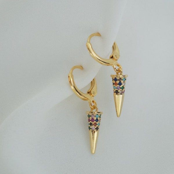 Spike Charm Hoops, Gold Plated Brass Drop Dangle Earrings, Colourful Cubic Zirconia Huggie Hoops