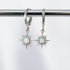 Opal Sun Charm Hoop Earrings in Silver Colour Rhodium Plated