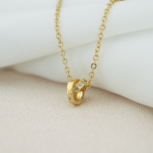 Tiny Linked Rings Necklace, Gold Plated Brass Necklace, Cubic Zirconia CZ Double Rings Necklace, Bridesmaid Gift Jewellery