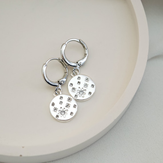 Star Coin Hoop Earrings, Silver Colour Rhodium Plated Brass Hoops