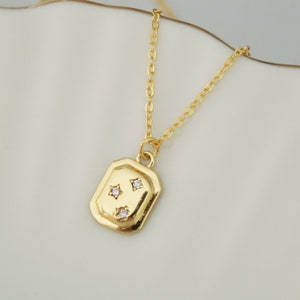 Star Medallion Necklace, Gold Plated Brass Necklace, Rectangle Charm Necklace, Dainty Minimalist Style Jewellery, Gift for Girlfriend