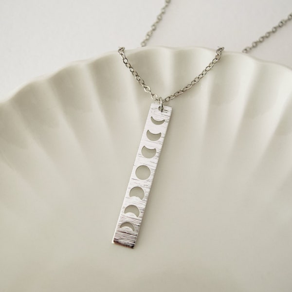 Moon Phases Bar Necklace, Silver Colour Rhodium Plated Brass Necklace, Celestial Jewellery, To the Moon and Back Gift