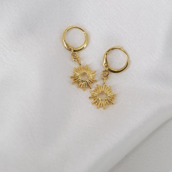 Sun Charm Hoop Earrings, Gold Plated Brass Huggie Hoops, Sunburst Drop Dangle Ear Jewellery, Sunray Gift Earrings