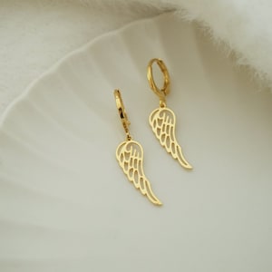 Wing Charm Hoop Earrings, Gold Plated Brass Huggie Hoops, Angel Wing Dangle Earrings