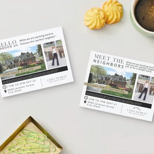 Conheça os vizinhos Cartão-postal de portas abertas para corretores imobiliários: modelos Canva (duas versões incluídas)