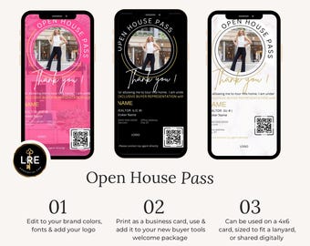 May include: Three different designs for an open house pass. Each design features a photo of a person in a circle with the text "Open House Pass" and "Thank you!" in gold lettering. The designs are pink, black, and white marble.
