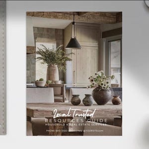 May include: A brochure with the title "Local Trusted Resources Guide" and the text "Household & Real Estate Services" with a phone number and email address. The brochure features a photo of a rustic kitchen with a wooden table, chairs, and a hanging light fixture.